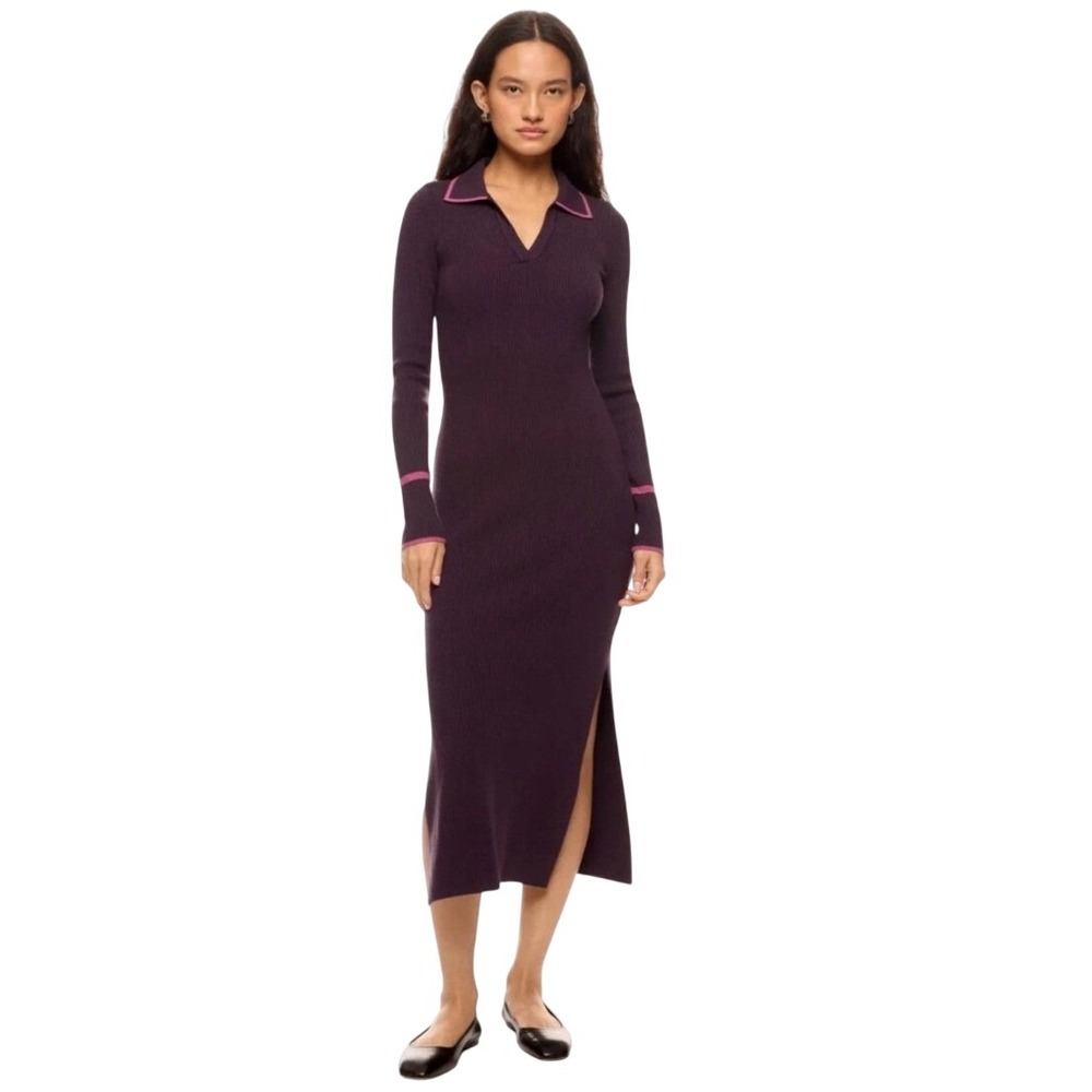 Marine Layer Contrast Trim Long Sleeve Polo Bamboo Sweater Dress Purple M NEW